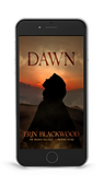 Dawn ebook, phone version. The cover depicts the silhouette of a hooded young woman, face turned upward towards the sky. In the background, there are dark dunes. The sky above her is slowly lightening with the dawn. The title Dawn stretches across the sky
