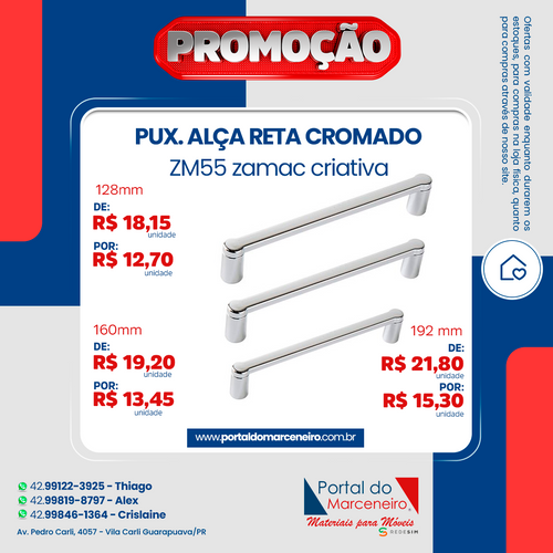Puxador alça reta cromado ZM55 Zamac Criativa | Loja Virtual Portal