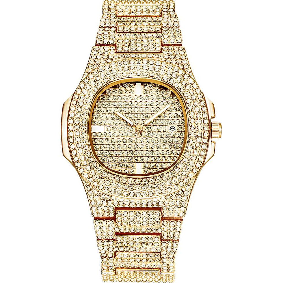 Thumbnail: Luxury Shiny Iced Out Golden Colour Quartz Watch - Unisex