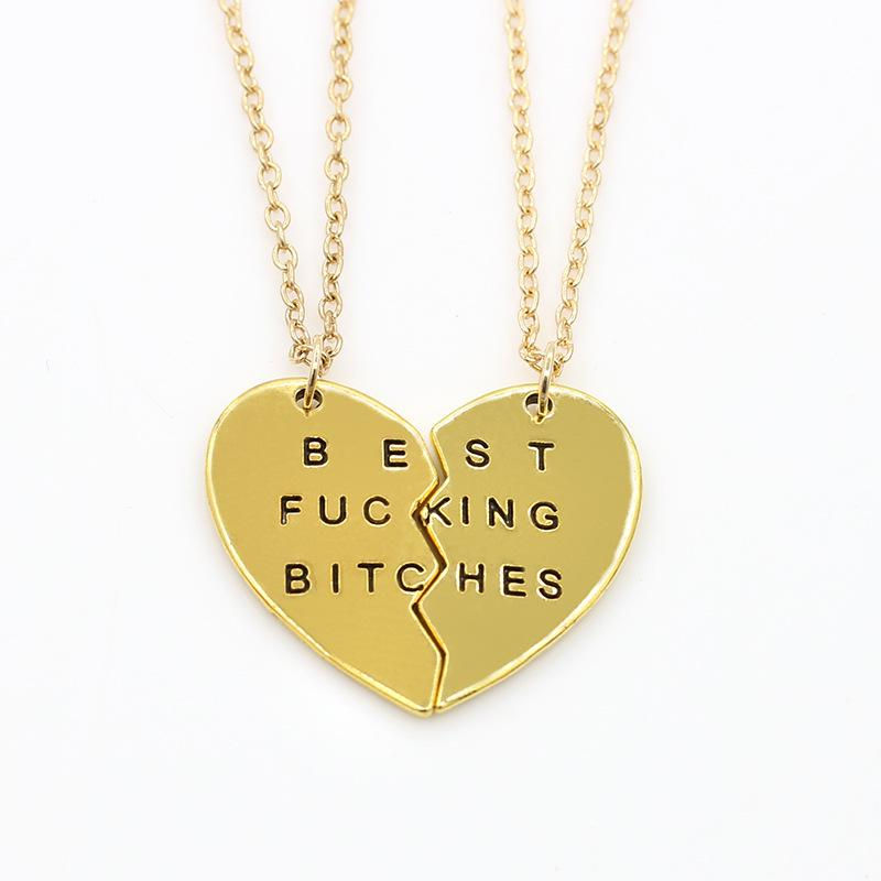 Thumbnail: 'Best Fucking Bitches', Two Portions Broken Heart Pendants with Necklace chains