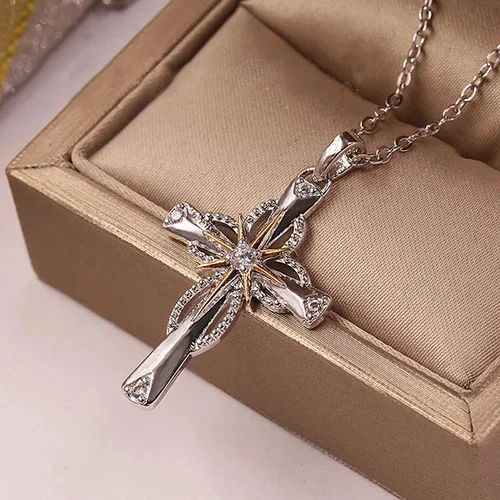 Thumbnail: Small Detailed Cross Pendant with Necklace chain