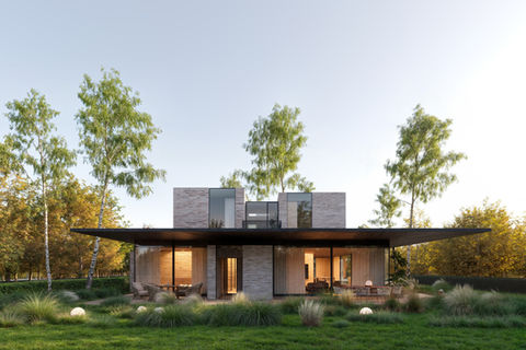Moderní rodinný dům s plochou střechou v přírodní zahradě, současná architektura