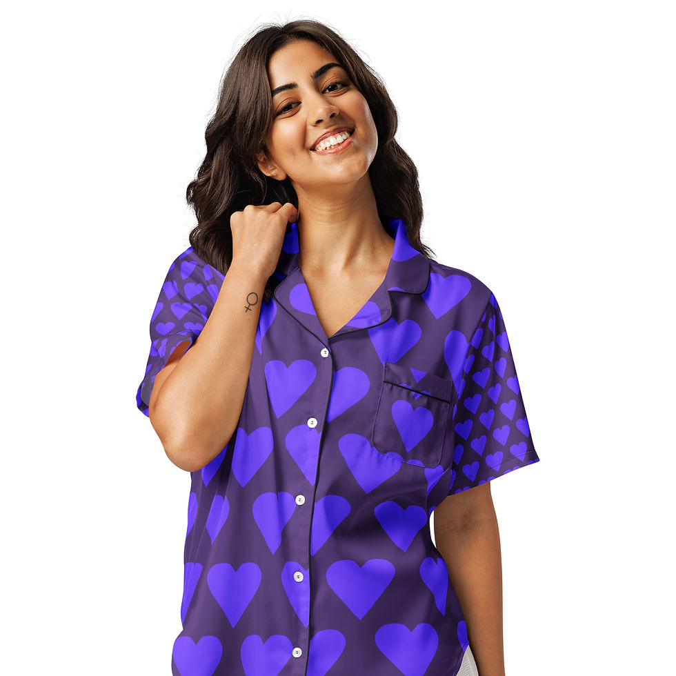 Miniatura: All-over print women’s short sleeve pajama top PURPLE HEARTS ON PURPLE