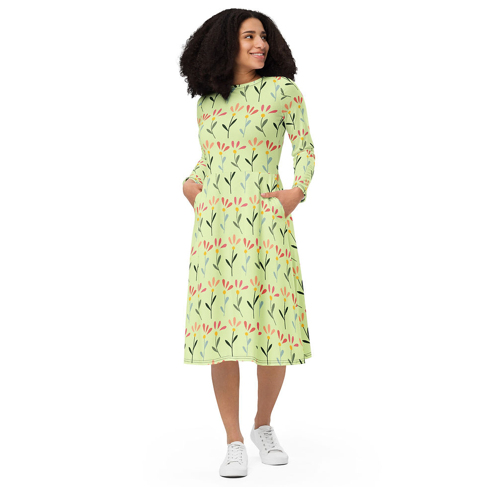 Miniatura: Vestido midi de manga larga con estampado integral ESTAMPADO VERDE CLARO