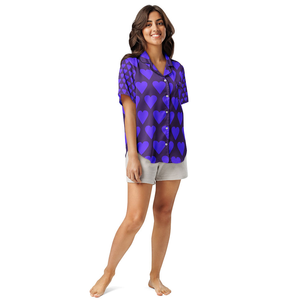 Miniatura: All-over print women’s short sleeve pajama top PURPLE HEARTS ON PURPLE