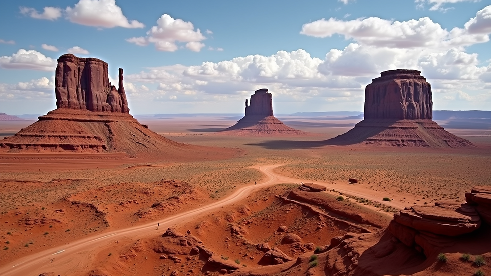 Wide angle view of towering red sandstone buttes in Monument Valley