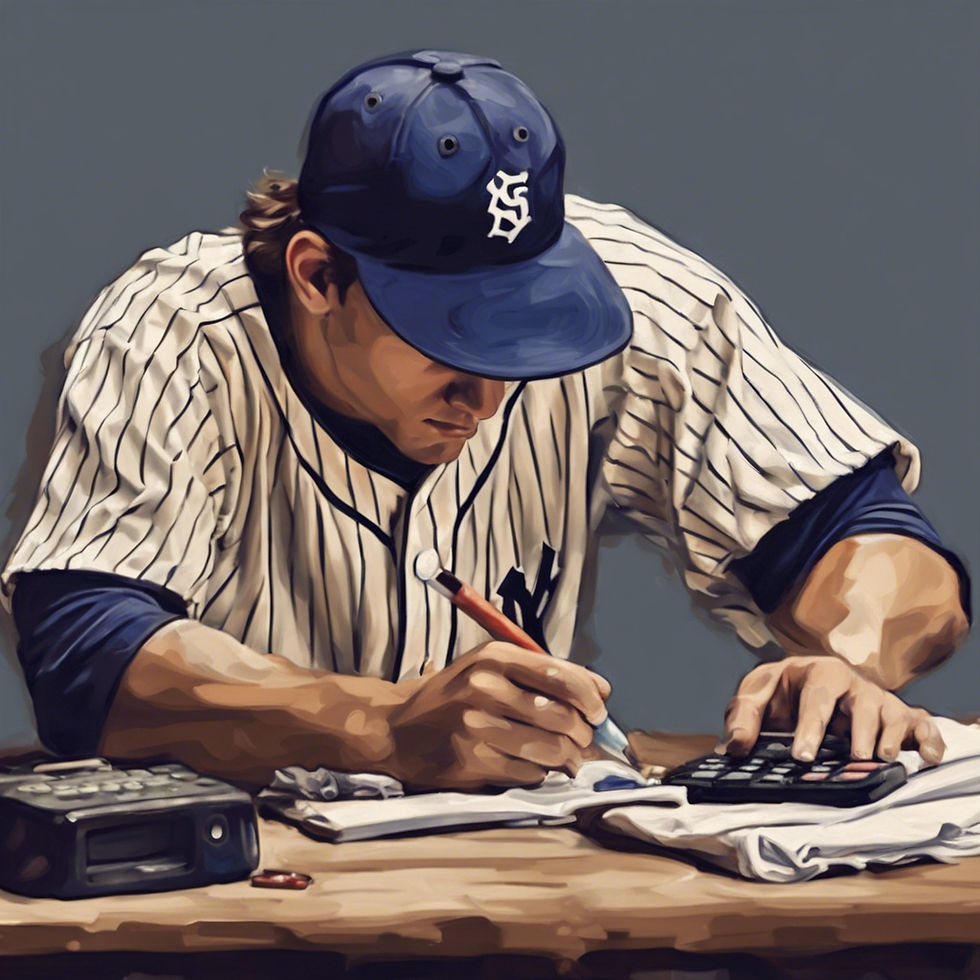 Baseball player plays with a calculator