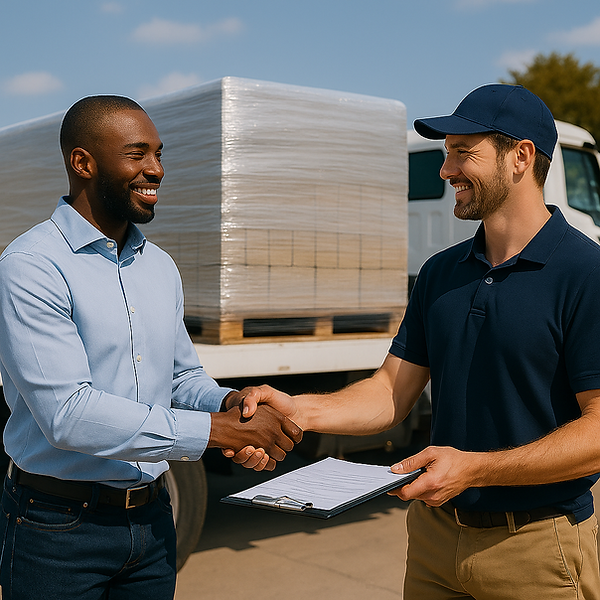 Two men concluding the sale of bricks