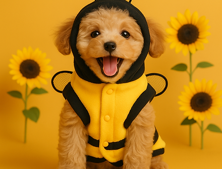 Perro con disfraz de abeja para mascotas, traje amarillo con alas y antenas.