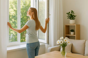 Peaceful young woman gazing through a sunny window