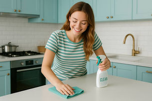 Young woman in a turquoise kitchen wiping down a countertop, promoting everyday cleaning habits for a fresh and healthy home