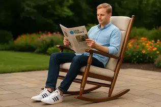 Young man relaxing on a cream rocking chair with newspaper.