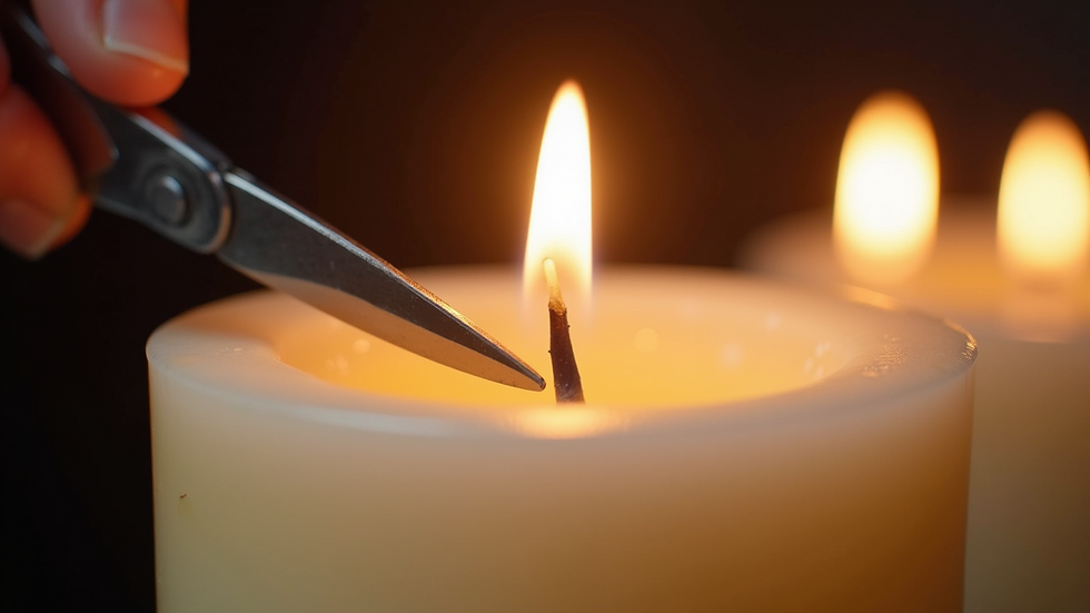 Close-up view of a candle wick being trimmed with scissors