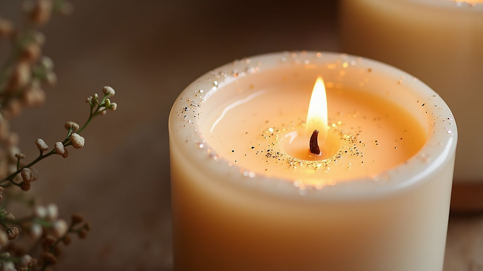 Close-up view of luxury soy wax candle with mica sparkle