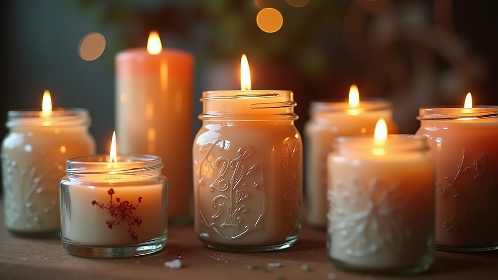 Eye-level view of a collection of handmade candles in decorative jars
