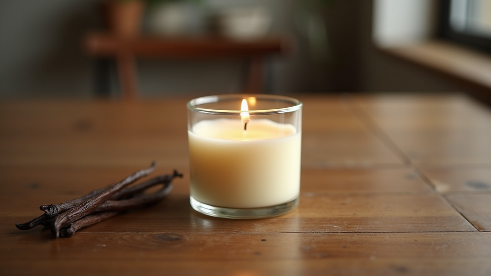 Close-up view of a classic vanilla candle in a glass jar on a wooden table