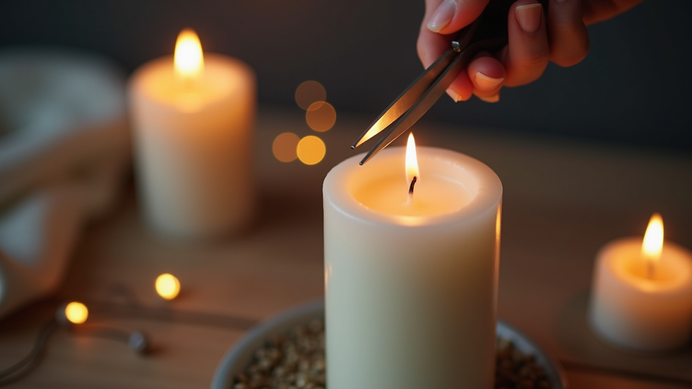 Close-up view of a candle wick being trimmed with scissors