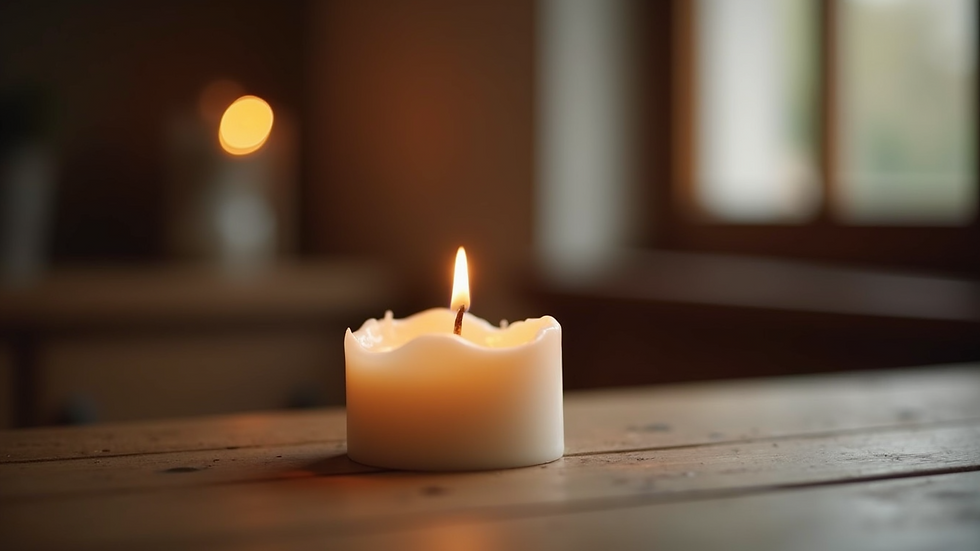 Eye-level view of a candle with a wooden wick burning softly on a table