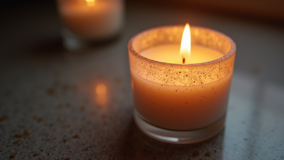 Close-up view of a luxury candle with mica sparkle glowing softly