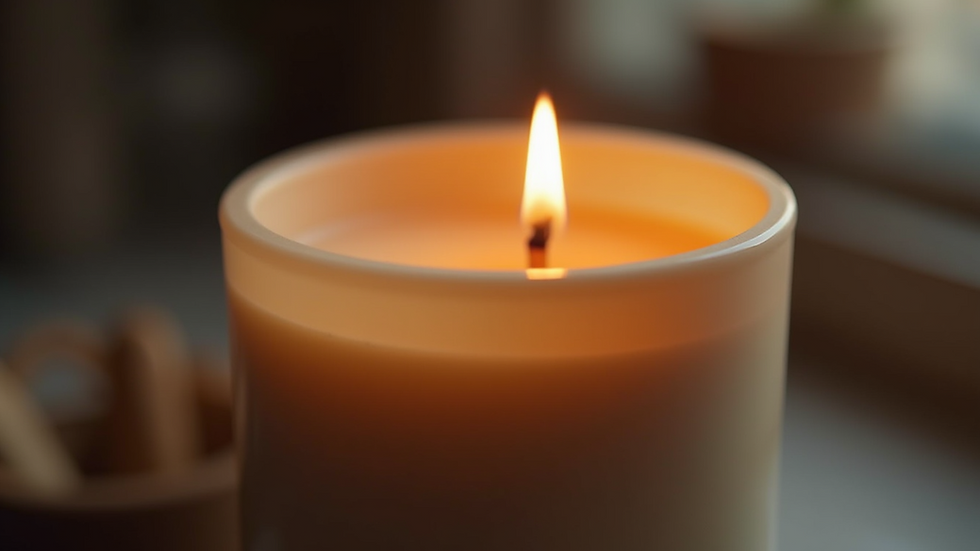 Close-up view of a luxury candle with a wooden wick burning softly