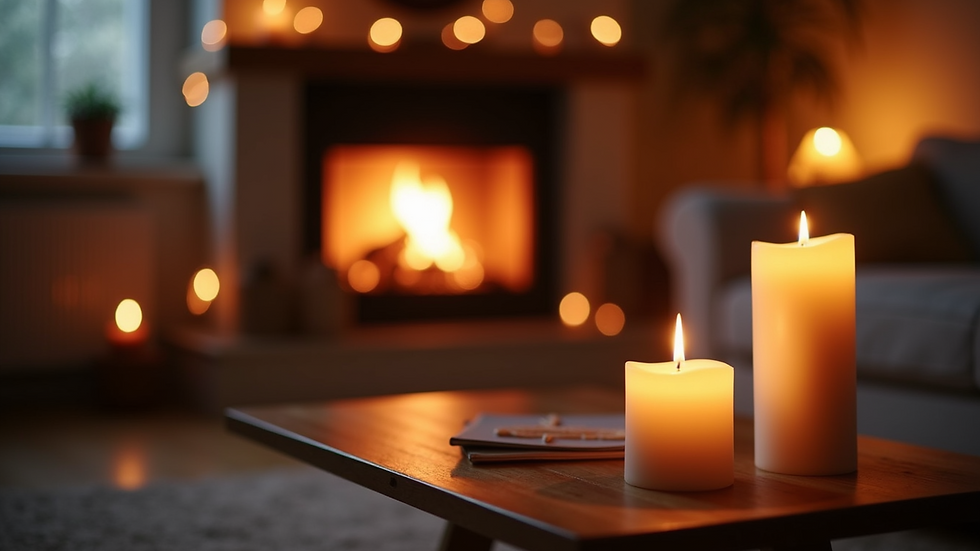Eye-level view of a cozy living room with candles lit