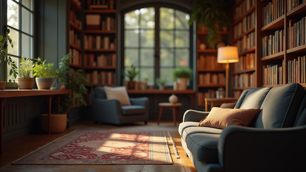 Eye-level view of a cozy reading nook filled with books