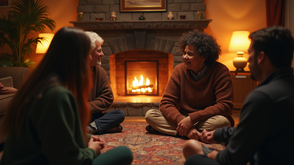 Eye-level view of a cozy storytelling circle with diverse participants