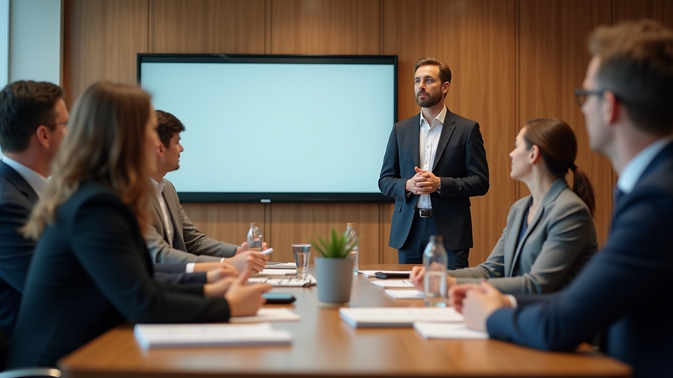 Eye-level view of a conference room with a presenter sharing a story to engaged colleagues
