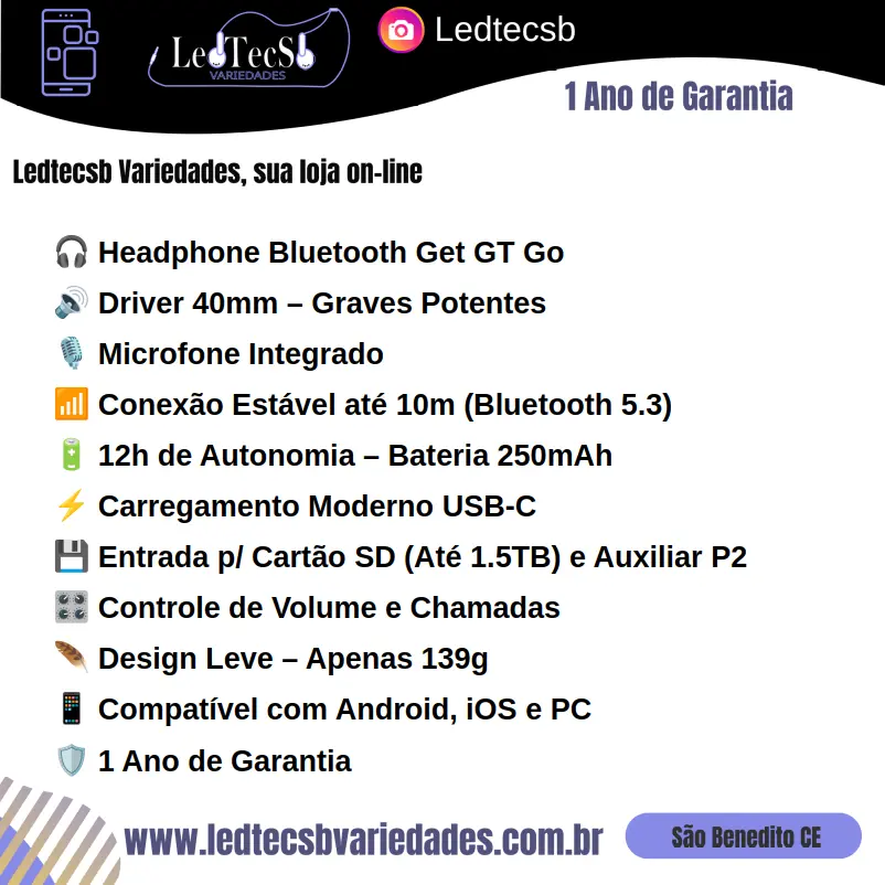 Miniatura: 🎧 Headphone Bluetooth preto Get GT Go