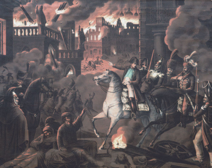 Napoleon retreats from a burning Moscow