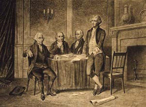 Sketch depicting American leaders (left to right): John Adams, Gouverneur Morris, Alexander Hamilton, and Thomas Jefferson (standing)