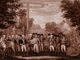 Cornwallis surrenders his sword to Washington at Yorktown. An 1819 engraving.