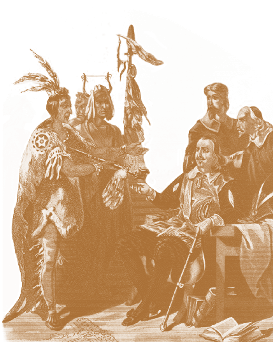 Massasoit, chief of the Wampanoag Indians, meets with the Plymouth colonists.