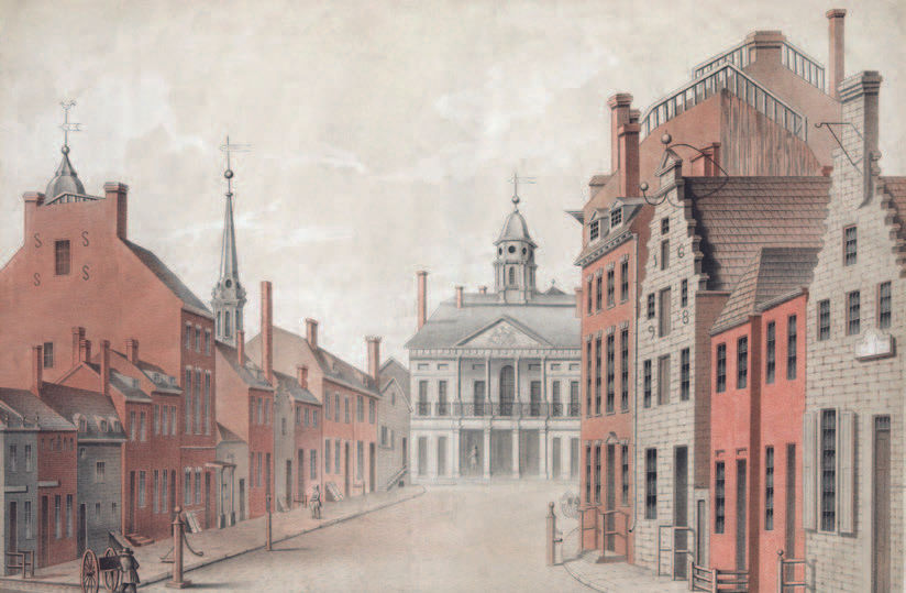 A view of Federal Hall, New York City, as it appeared in 1797 (an 1847 lithograph by Henry R. Robinson). It was on the balcony of this hall that Washington was inaugurated president.