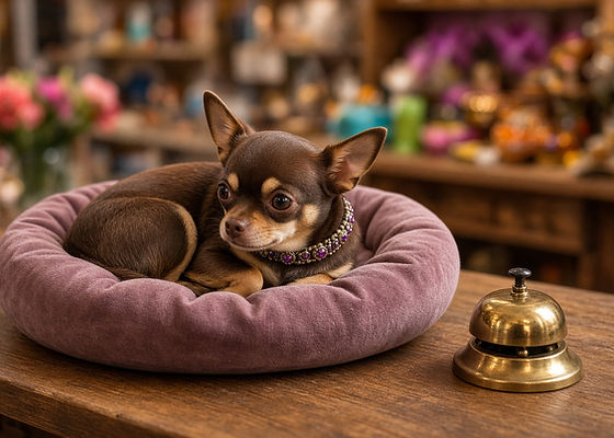 Chocolate and tan Chihuahua in a jeweled collar curled up in a mauve velvet bed on a shop counter beside a brass bell