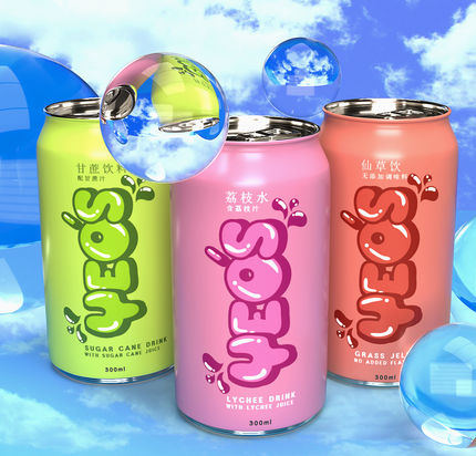 Three colourful YEO's soda cans: Sugar Cane, Lychee, Grape drinks.