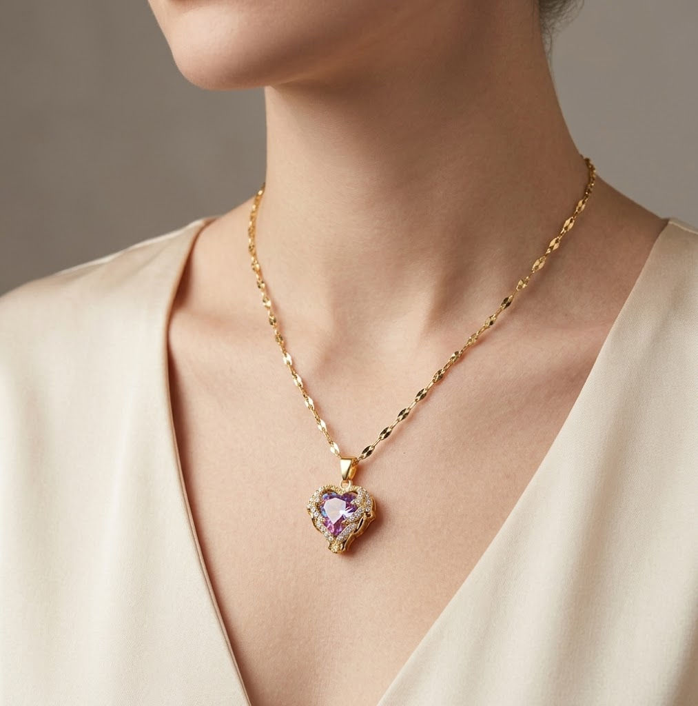 Top Luxury Colorful Crystal Ocean Heart Pendant Necklace For Women Trendy 316L S