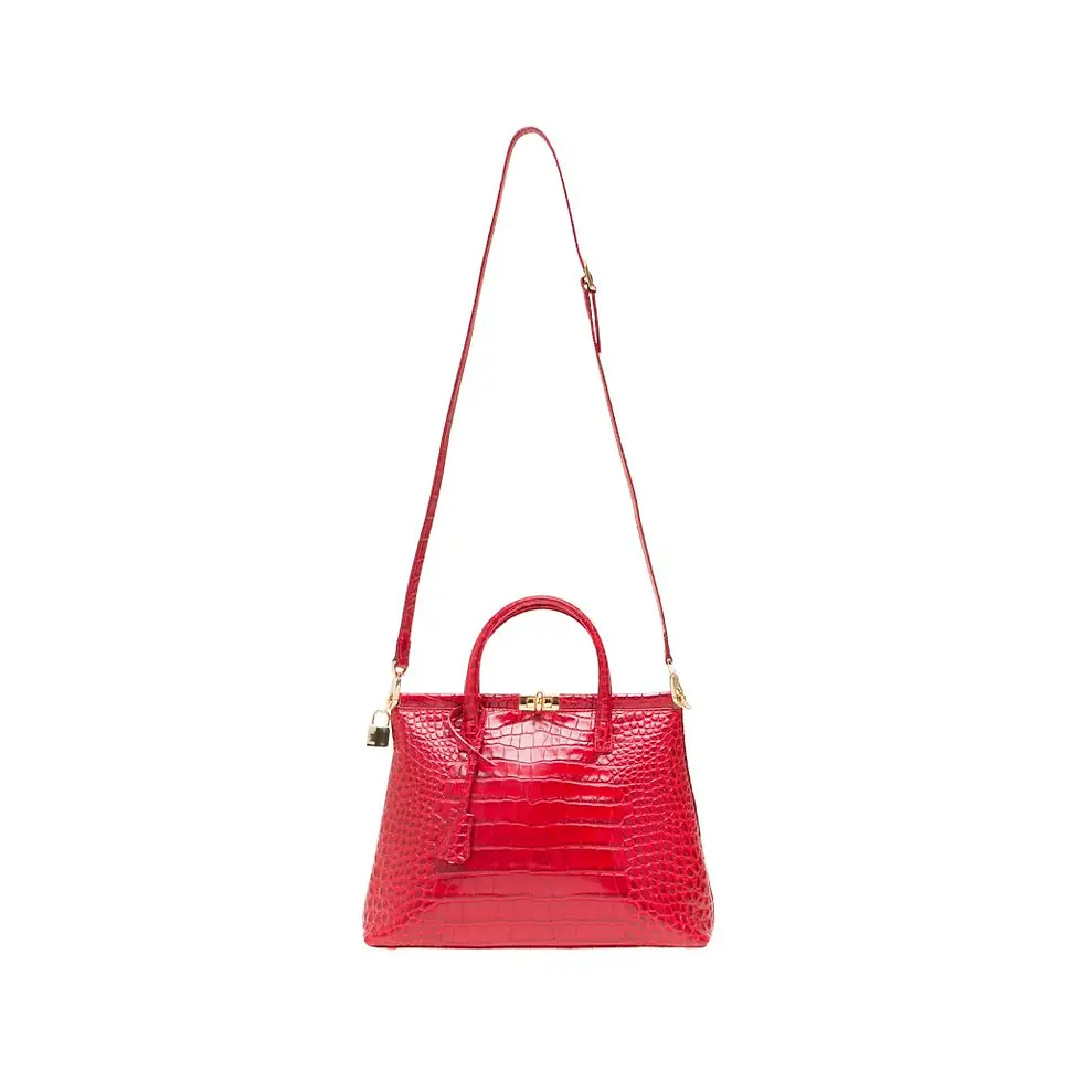 Thumbnail: PRISCILLA - Croc-embossed Calfskin Burgundy Top Handle Bag