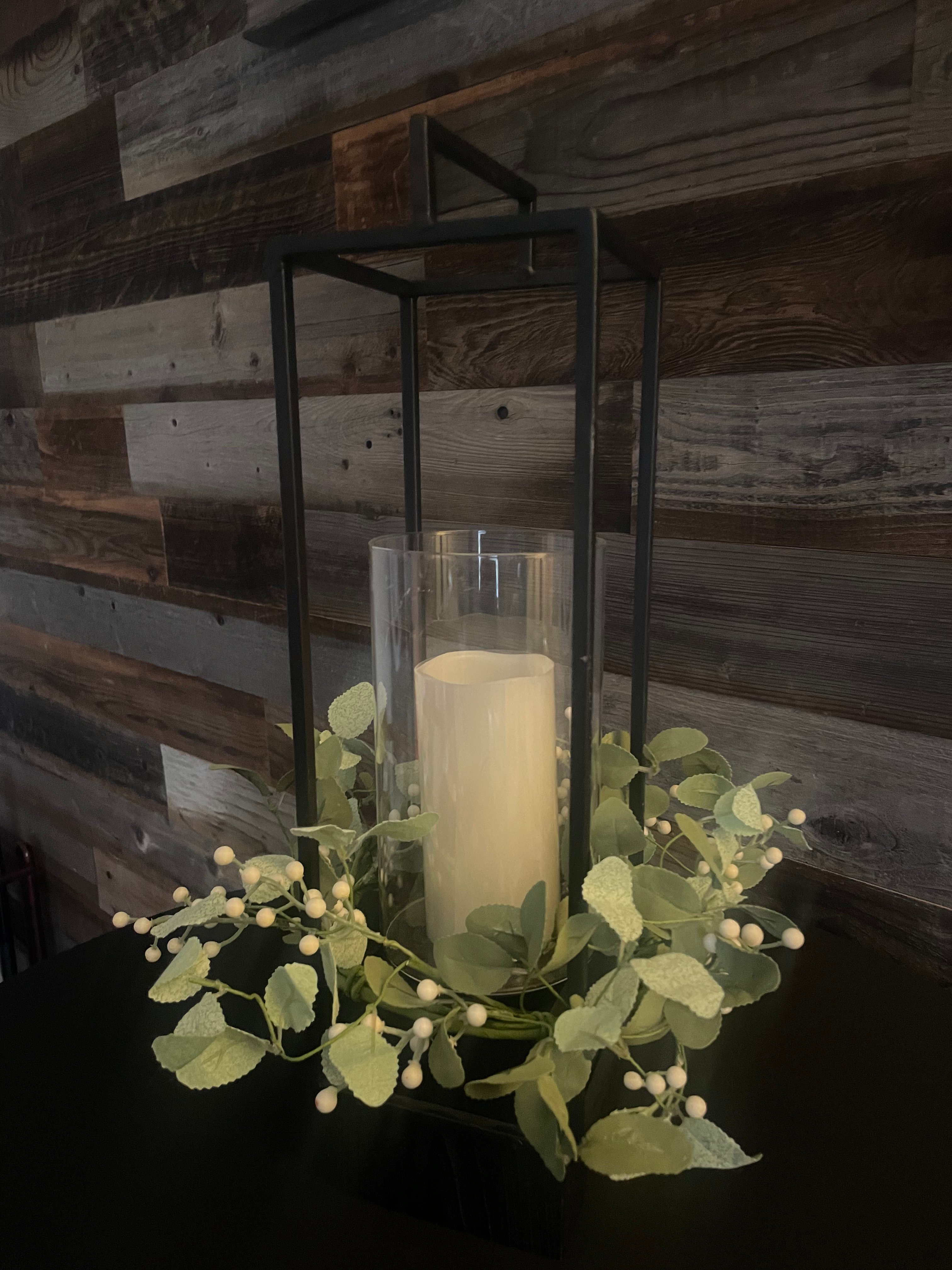 Metal/wood lantern w/ white berry ring and flicker wick candle  