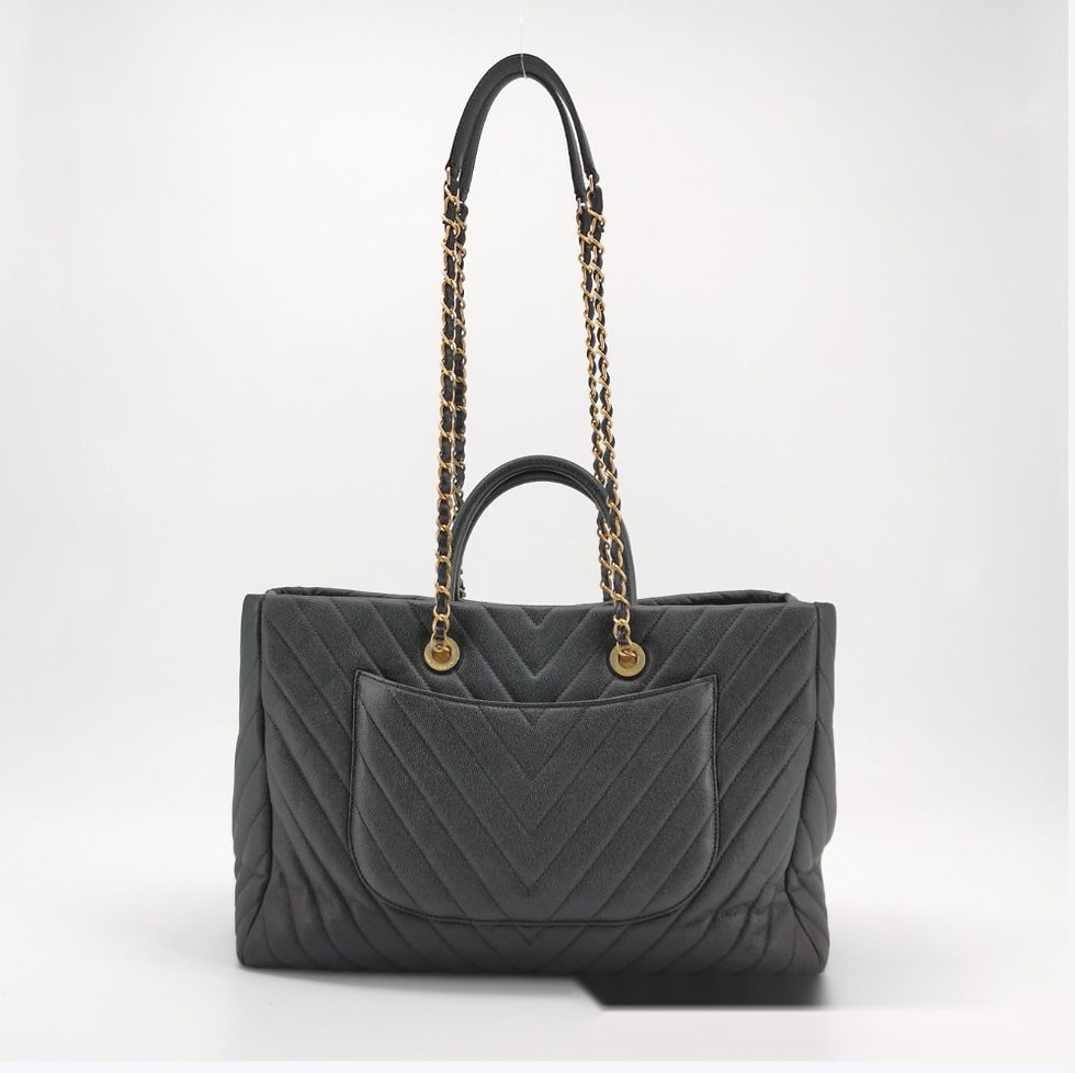 Thumbnail: CHANEL Chevron CC Shopping Tote, чорна шкіра Caviar, золотиста фурнітура