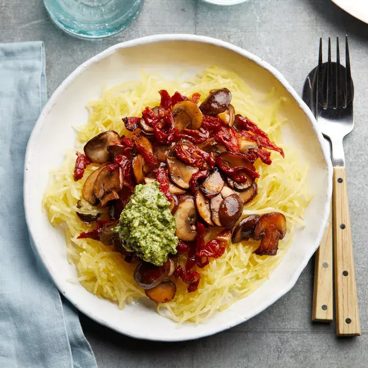 Pesto Spaghetti Squash with Mushrooms & Sun-Dried Tomatoes
