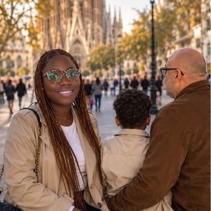Nigerian woman with her Spanish husband and son at Sagrada Familia in Barcelona, Spain
