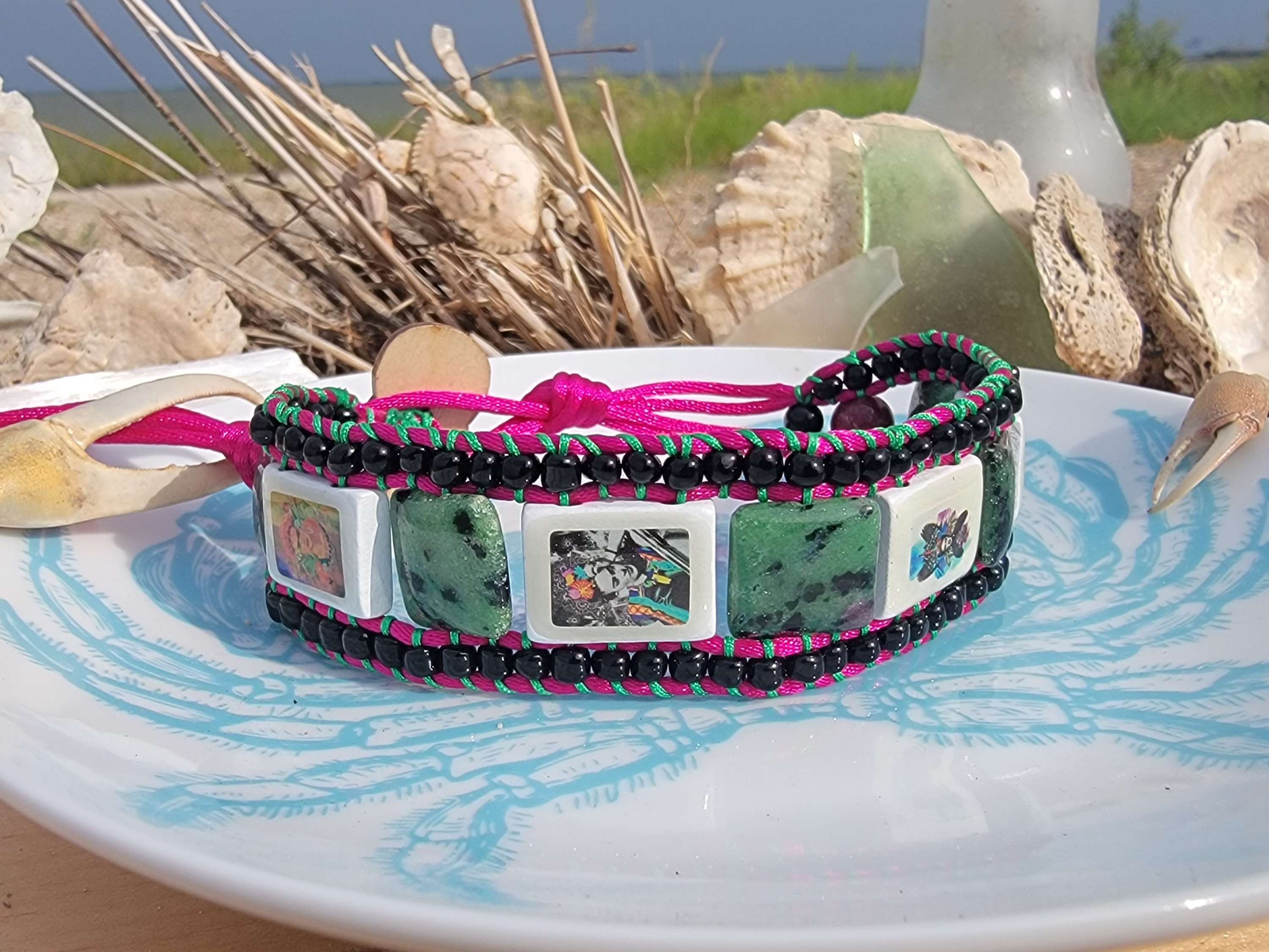 Frida Kahlo, Ruby Zoisite, Rhodochrosite, Sugar Skull Bracelet/Anklet