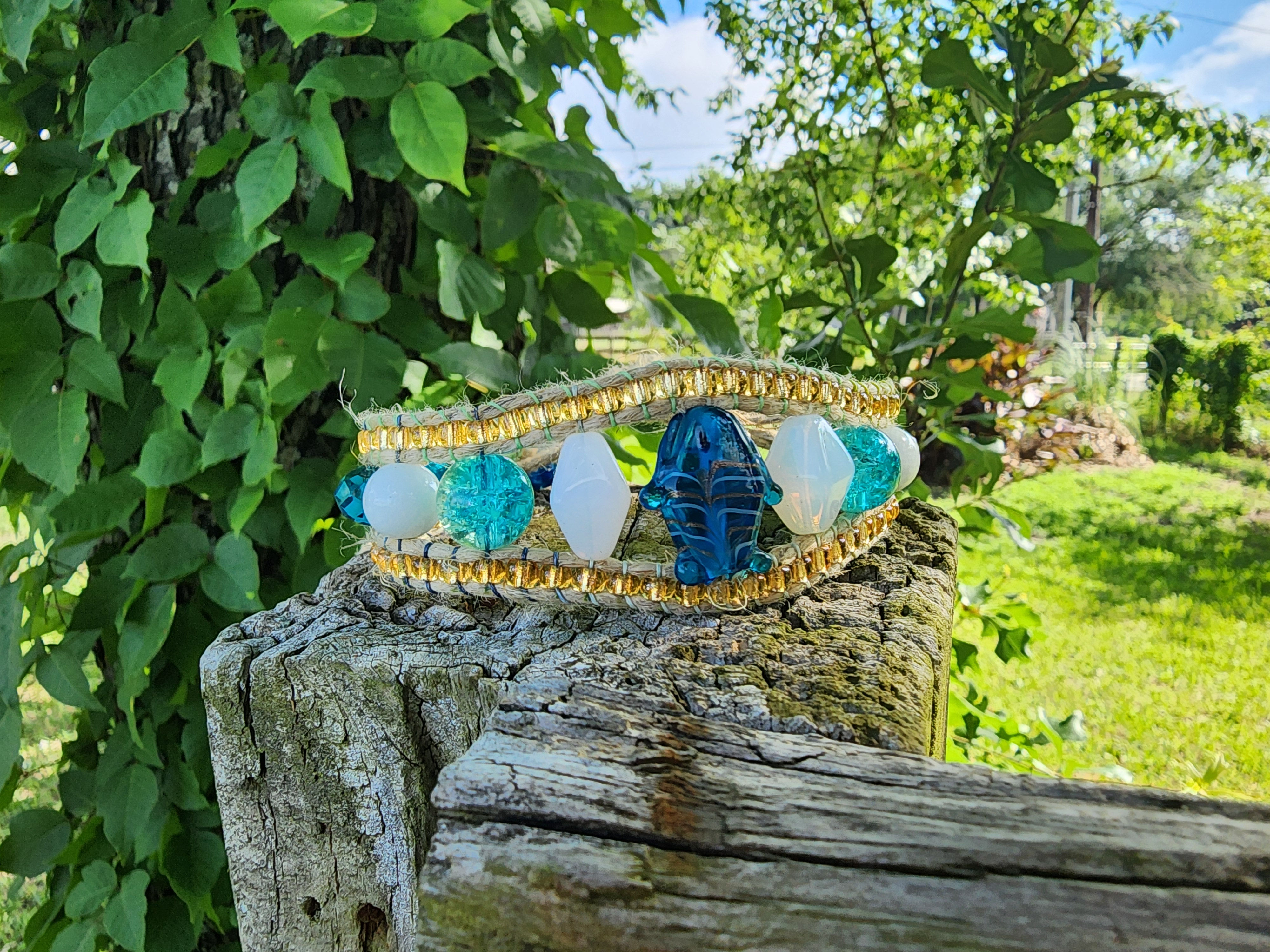 Beachy Glass, Opalite, and Hemp Bracelet/Anklet