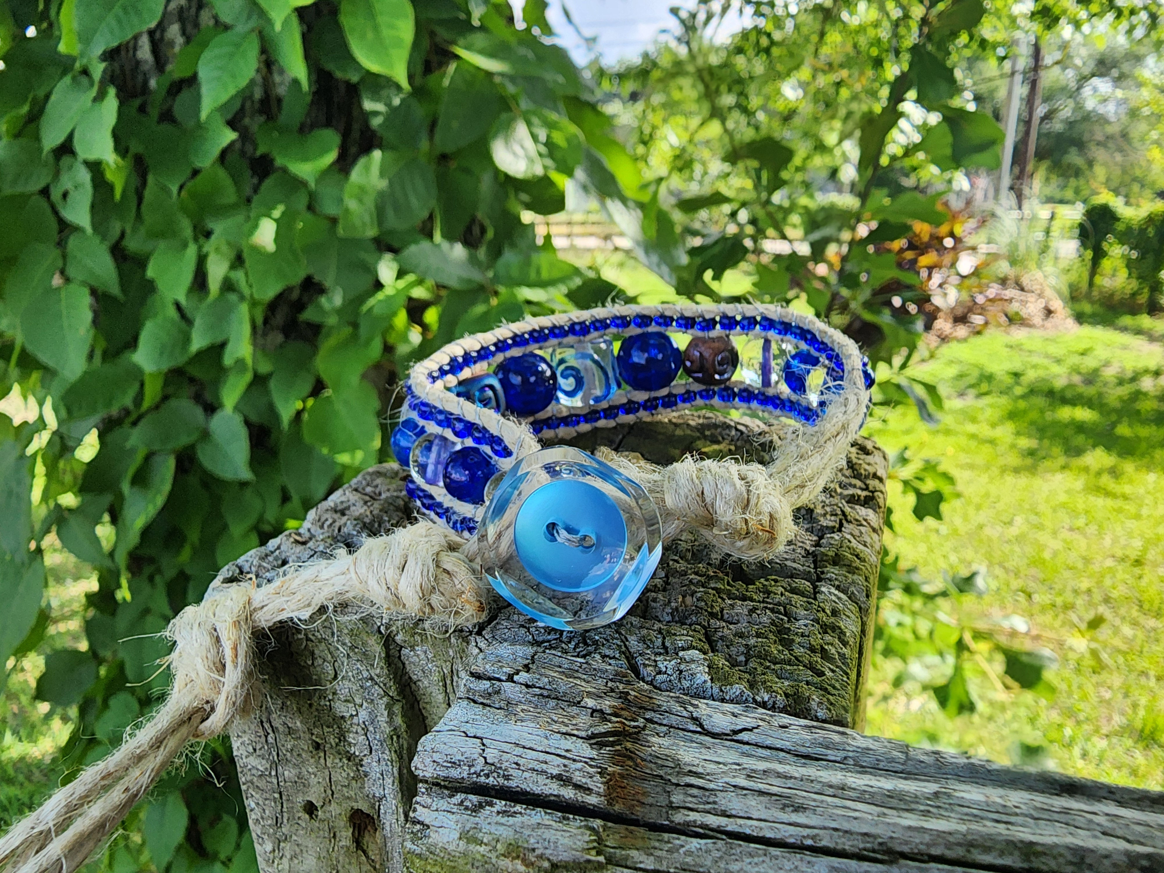 Blue Spiral Glass and Hemp beaded Bracelet/Anklet