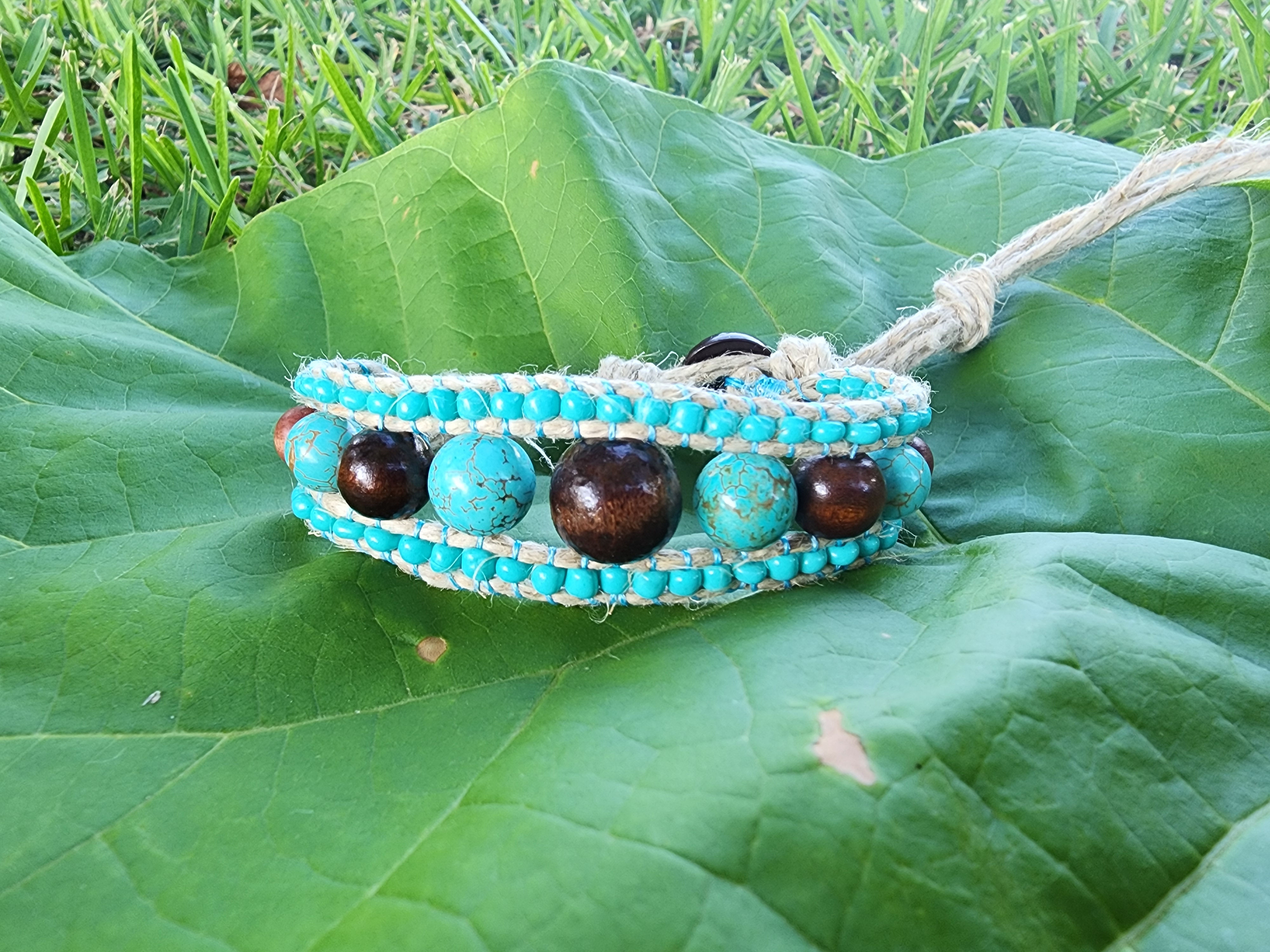 Turquoise Magnesite, Wood, and Hemp beaded Bracelet/Anklet