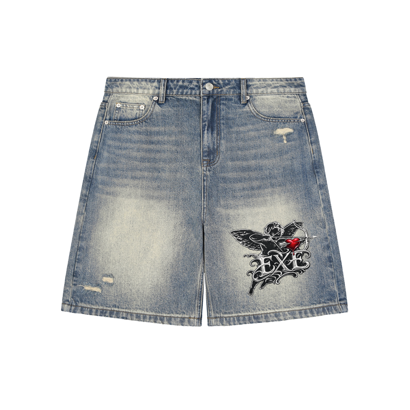 EXE "Lovestruck.exe" Unisex Faded Distressed Baggy Denim Shorts