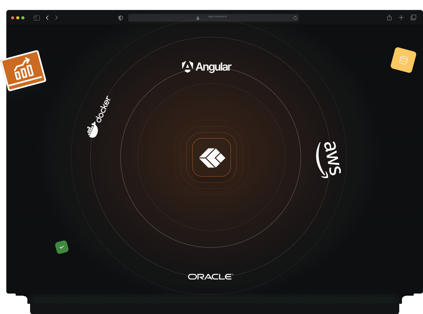 Ilustración de stack tecnológico con tecnologías de desarrollo, nube y backend para soluciones empresariales