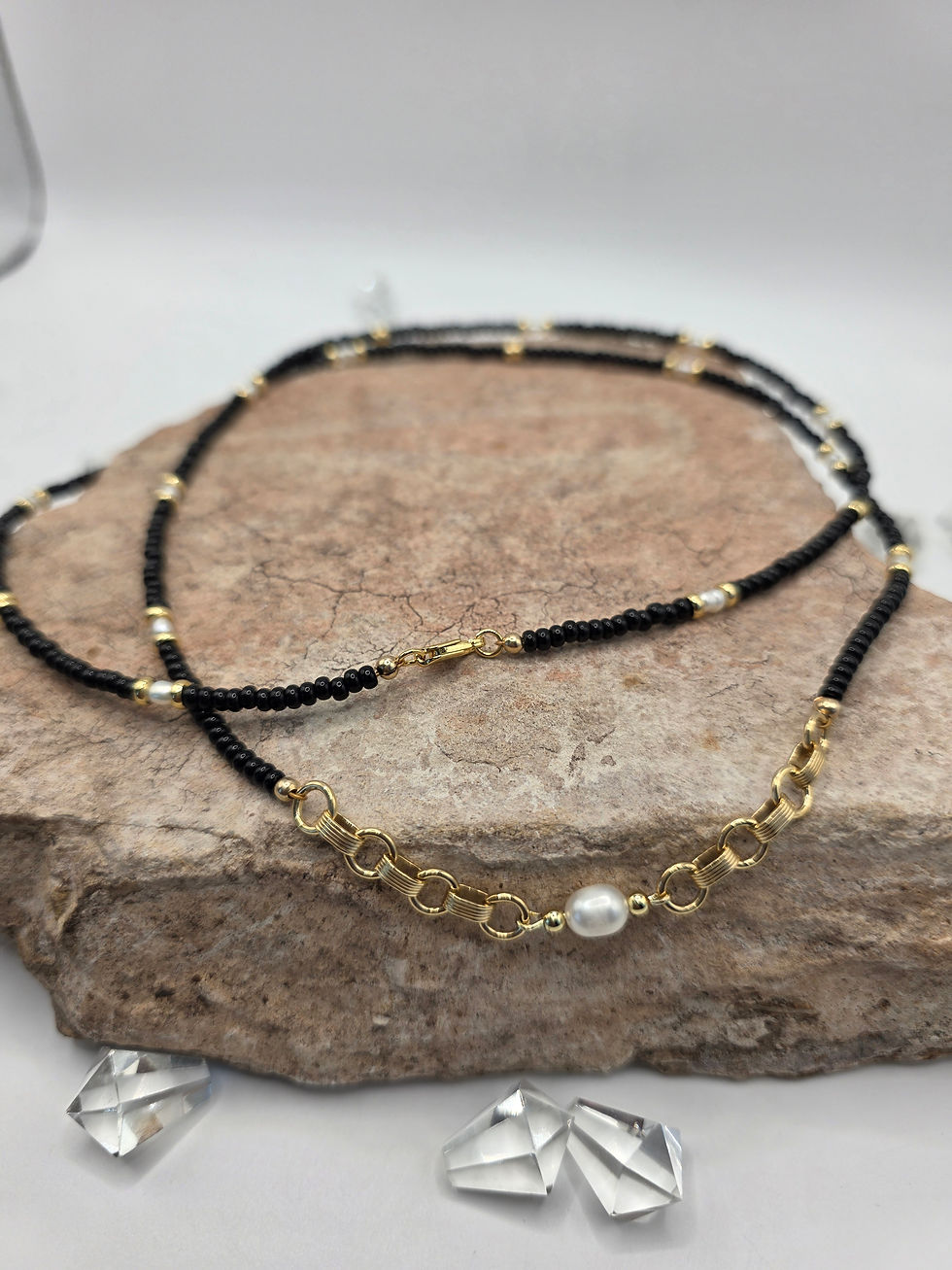Thumbnail: Freshwater pearl waist bead with black seed beads and gold‑filled chain accents.