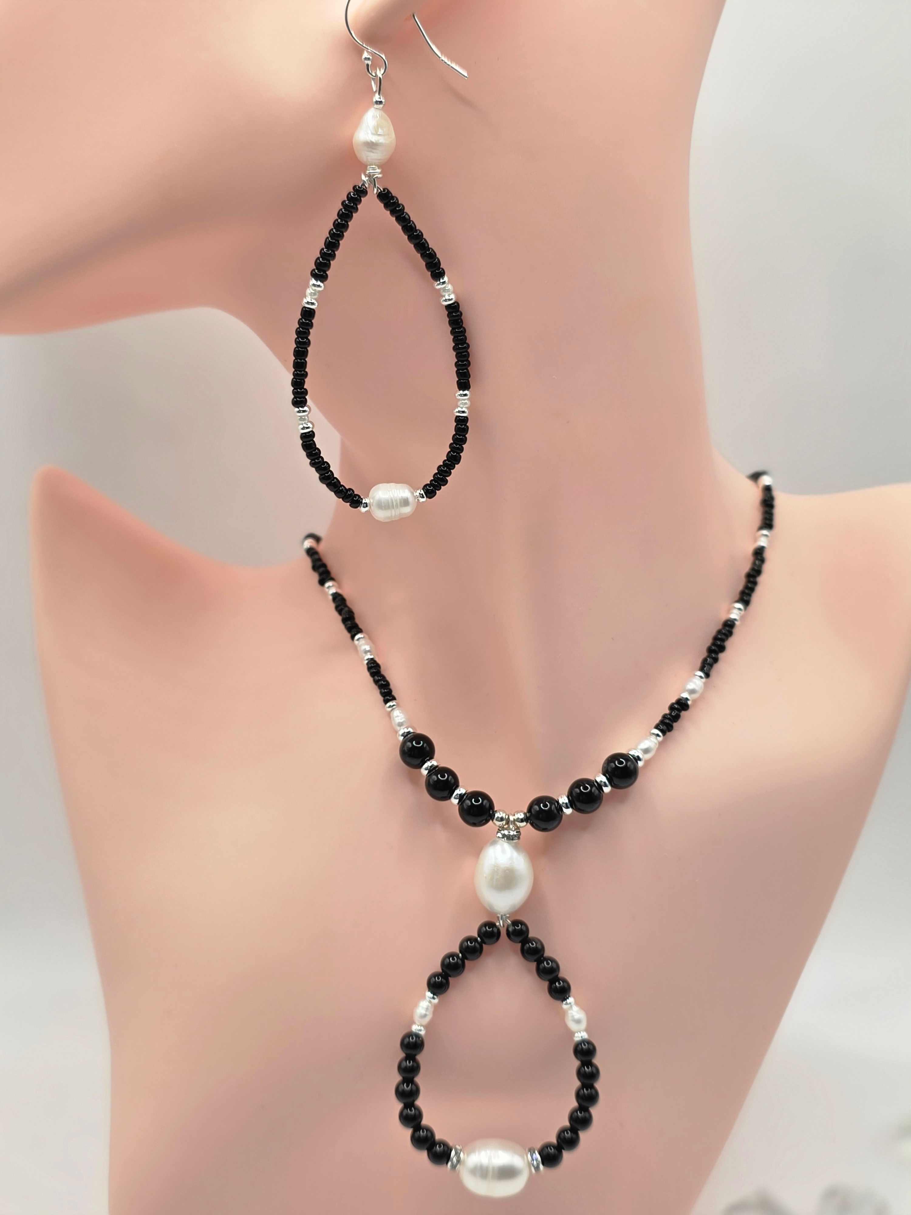 black and white pearl jewelry set with freshwater pearls, onyx, CZ accents, Czech seed beads, and sterling silver